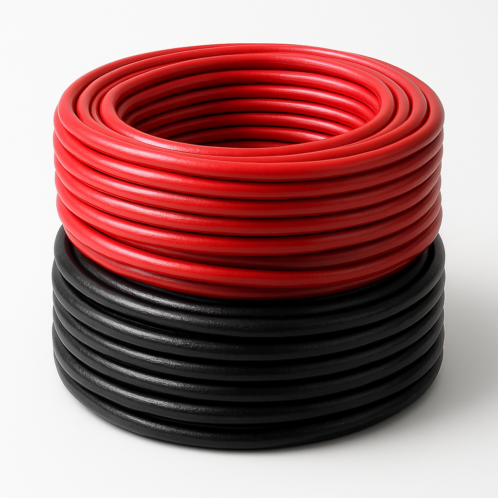 Coiled red and black solar DC cables
